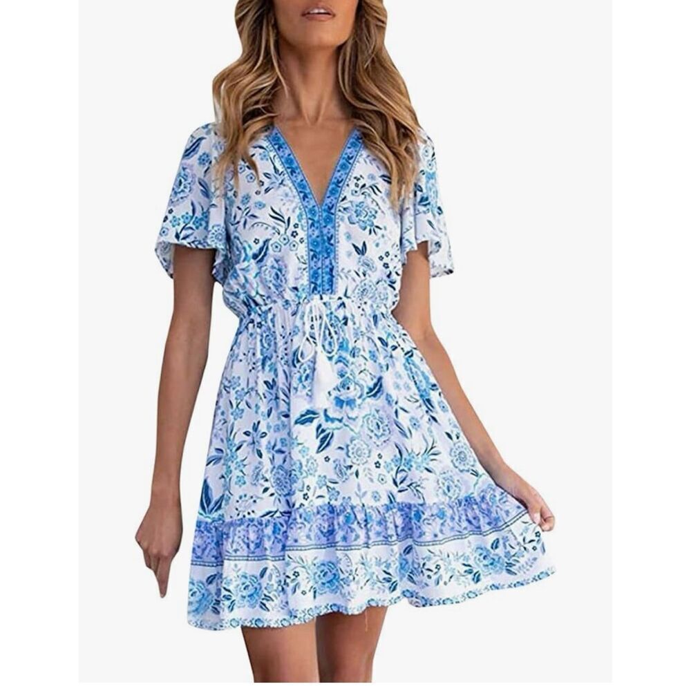 NEW Floral V Neck Casual Short Sleeve Dress Mini Boho Ruffle L
